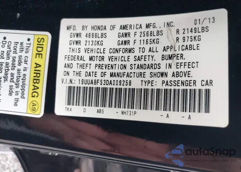 2013 Acura Tl 3.5 z USA, uszkodzony, nr VIN 19UUA8F53DA009258